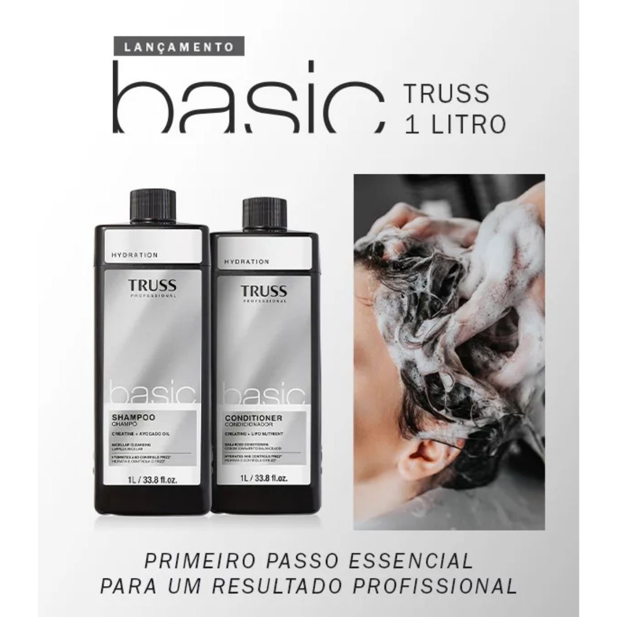 Truss Basic Shampoo e Condicionador Profissional, Hidratante com Creatina e Óleo de Abacate, 1L, Kit com 2 unidades